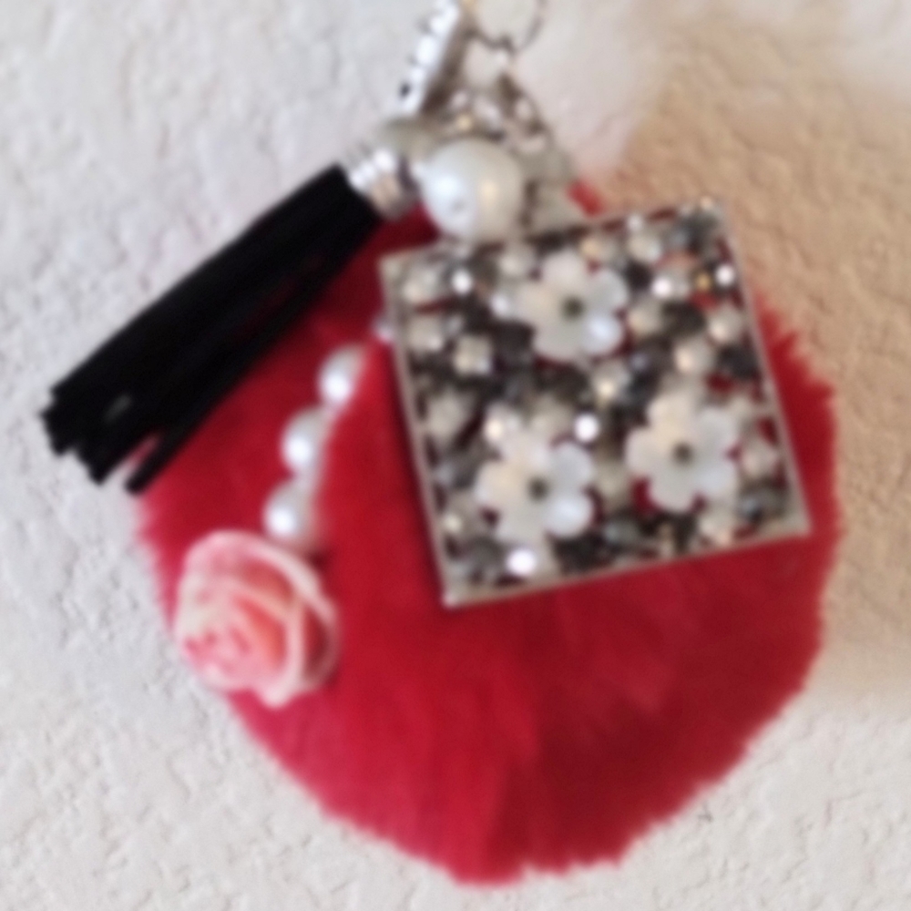 Red Pom Pom Bag Charm-Keychain w/Tassel& Perfume Bottle Charm